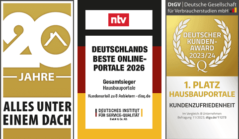 Unsere Siegel: 20 Jahre Msuterhaus.net, bestes Hausbauportal 2026 und 1 Platz Kundenzufriedenheit