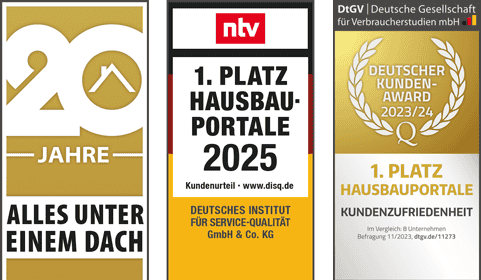 Unsere Siegel: 20 Jahre Msuterhaus.net, bestes Hausbauportal 2024 und 1 Platz Kundenzufriedenheit