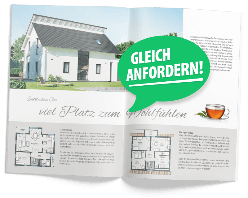 Doppelseite eines Hauskataloges am Beispiel eines Pultdachhaus