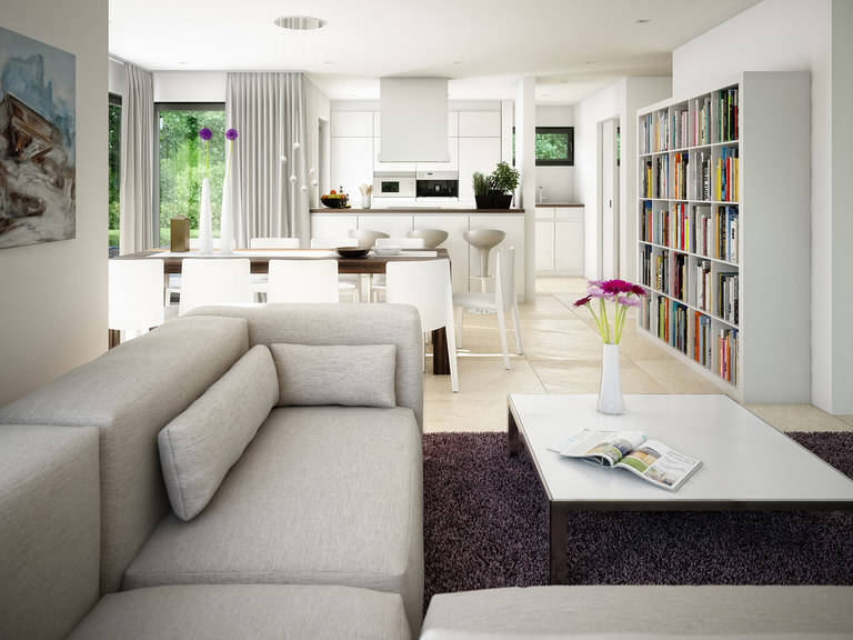 Wohnbereich lädt zum Relaxen ein Bien-Zenker Musterhaus CONCEPT-M 163 München Wohnzimmer Variante 1