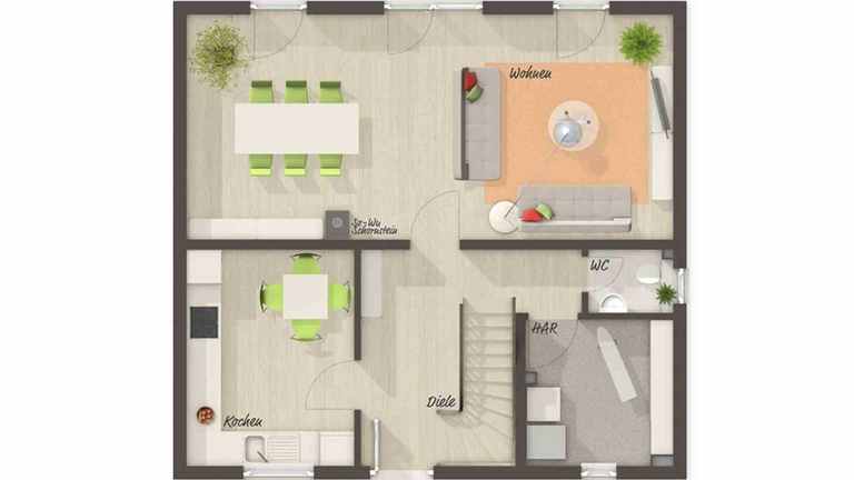 Grundriss des Flair 113 mit geschlossener Wohnküche 